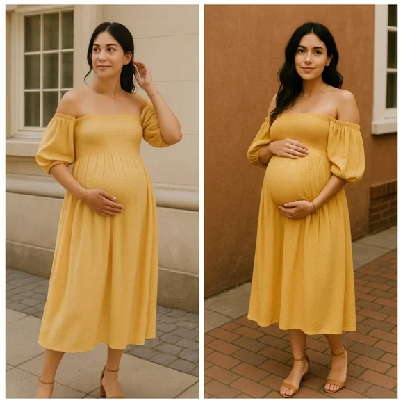 Hatch Elia Yellow Puff Sleeve Smocked Maternity Midi Dress Size L NWT - Picture 1 of 14